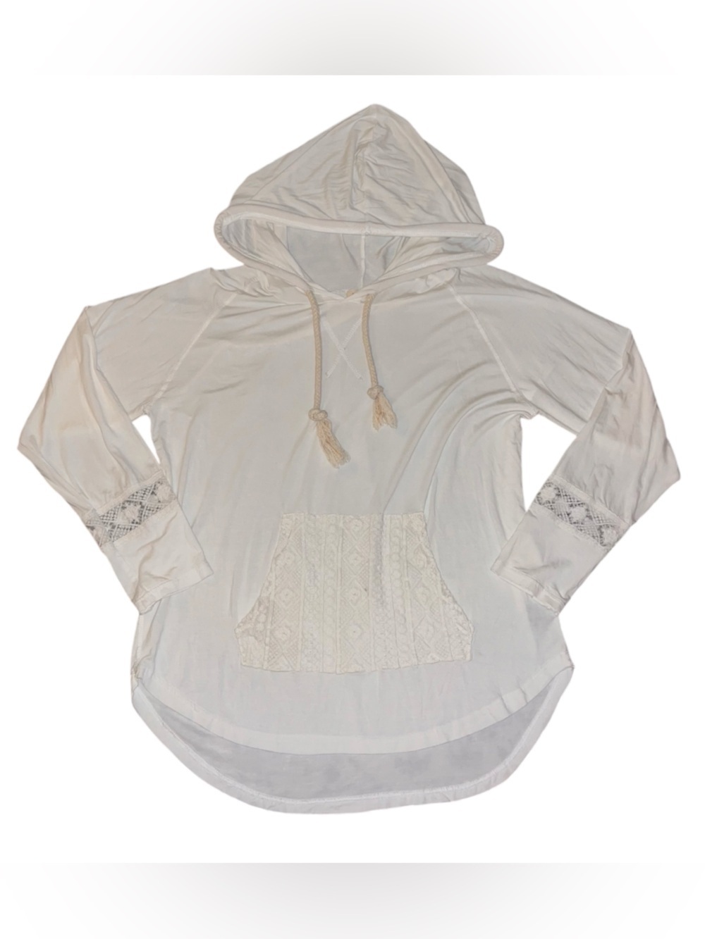 EUC POL by Anthropologie White Cream Crochet Pocket Lightweight Hoodie Large